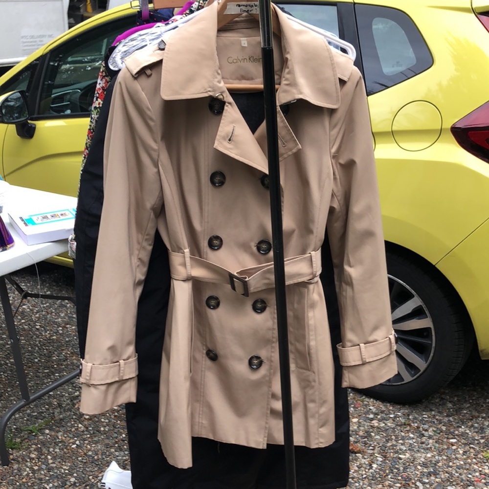 Calvin Klein belted trench with hood